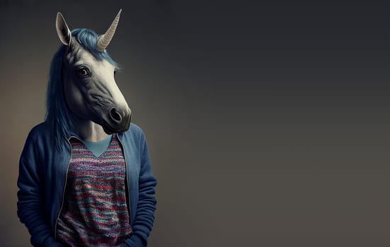 Surreal hybrid fantasy creature, half unicorn, half woman in mythologie, wearing human clothes, dark color, illustration, generative AI