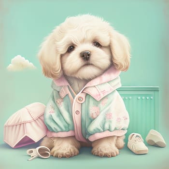 Cute dog puppy with clothes, pastel color, animal greeting card, fairy tale character, love and emotion, generative AI
