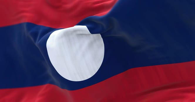 Detail of of the Laos national flag waving in the wind. The Lao People Democratic Republic is a state in Southeast Asia. Rippled fabric. Textured background. Realistic 3d illustration. Close-up