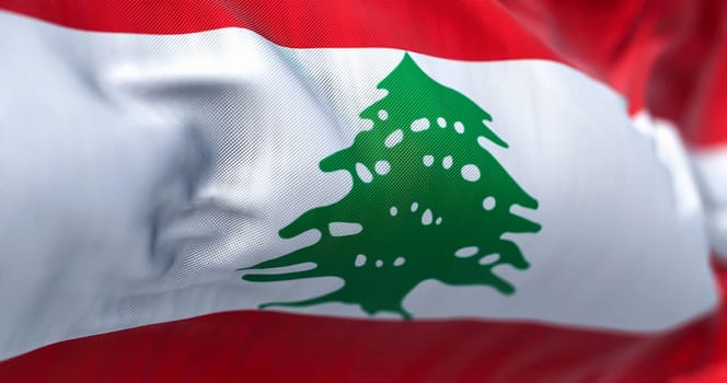 Detail of the Lebanon national flag waving. The Lebanese Republic is a State of the Near East overlooking the Mediterranean Sea. Rippled fabric. Textured background. 3d illustration. Close-up
