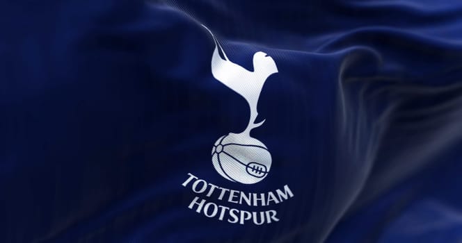 London, UK, May 2022: Detail of the Tottenham Hotspur flag waving. Illustrative editorial. Rippled fabric. Textured background. Realistic Realistic 3d illustration. Close-up