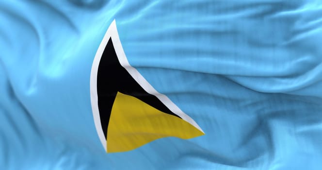 Detail of Saint Lucia national flag waving in the wind. Saint Lucia is an island state of the Commonwealth in Central America. Rippled fabric. Textured background. Realistic 3d illustration. Close-up