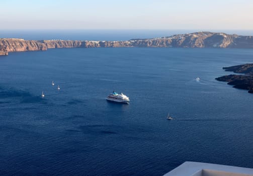 Panoramic view of the Santorini caldera cliffs from the Imerovigli village on Santorini island, Greece