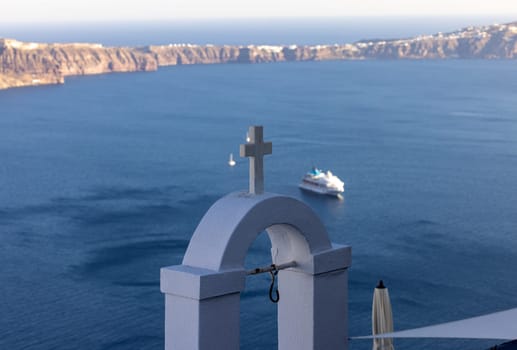 Panoramic view of the Santorini caldera cliffs from the Imerovigli village on Santorini island, Greece