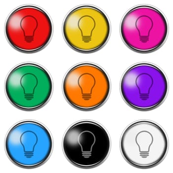 A light bulb button icon set isolated on white with clipping path 3d illustration