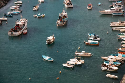 Aerial view of fishing boats on the Island of Procida, Italy