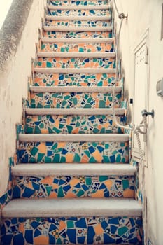 Multicolored Tiles on Steps in a Stairway
