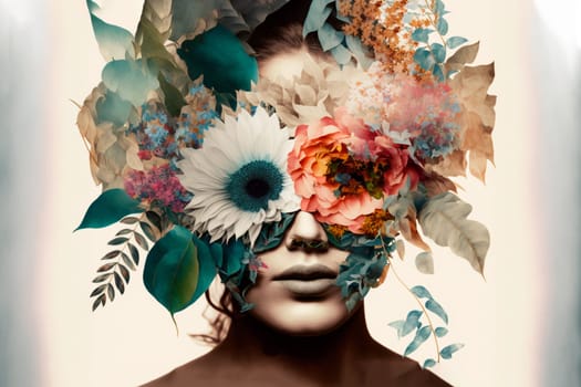 Contemporary art collage. Minimal design fashion concept. Lady with flower head and floral designes.