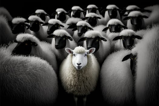 White sheep among a flock of black ones standing out form the rest