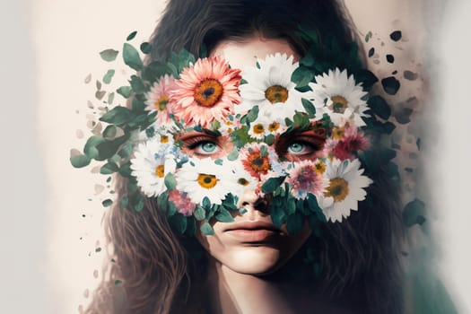 Contemporary art collage. Minimal design fashion concept. Lady with flower head and floral designes.