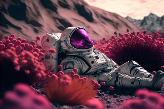 Astronaut on beautiful pink planet with lush vegetation and flowers, digital art