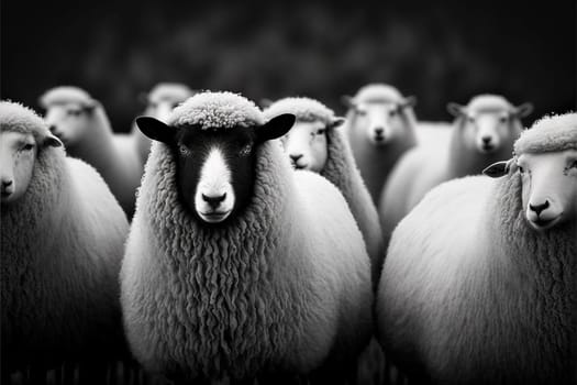 Black sheep among a flock of white ones standing out form the rest
