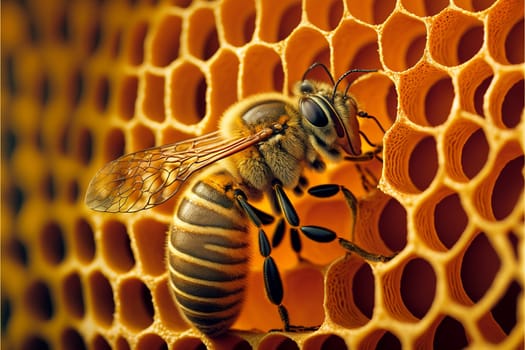 Close up on a honeycomb with bee