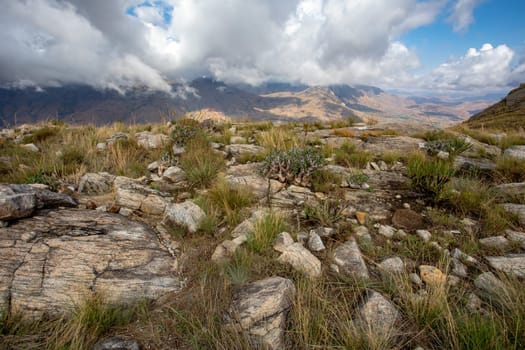Andringitra national park, Haute Matsiatra region, Madagascar, beautiful mountain landscape. Hiking in Andringitra mountains. Sunny day with clear view. Madagascar wilderness landscape.