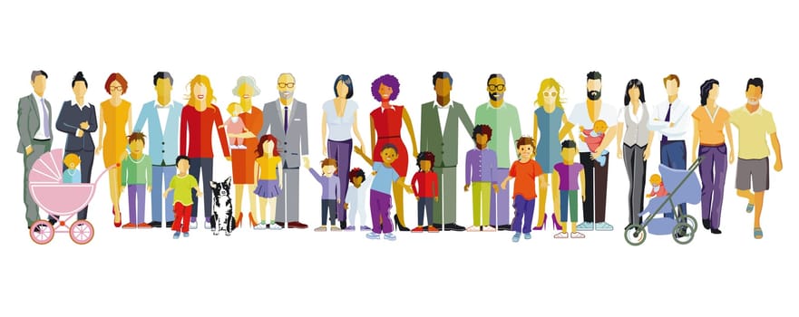 different parents with babies and children, families groups isolated on white Illustration