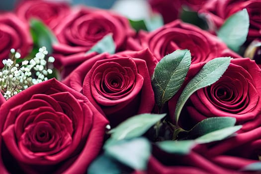 This artwork showcases the beauty of red roses, surrounded by lush green leaves. The intricate details and vibrant colors bring life to the image. The image is generated with the use of an AI.