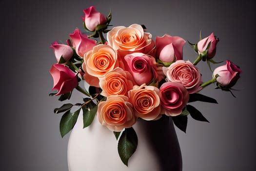 A stunning painting that depicts an elegant vase filled with the gorgeous combination of orange and pink roses. The delicate petals and intricate details of the flowers are captured with stunning realism. The image is generated with the use of an AI.