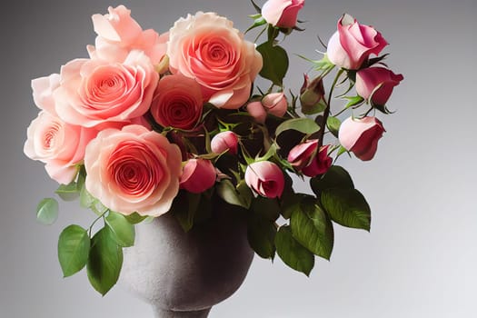 This stunning artwork features a beautifully arranged bouquet of pink roses in a vase, captured in vivid detail and surrounded by a soft, dreamy atmosphere. The intricate details of each petal and leaf are a testament to the artistry that went into the creation of this piece. The image is generated with the use of an AI.