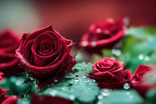 This stunning painting captures the beauty of red roses amidst a backdrop of dewy green leaves. The delicate droplets of morning dew sparkle like diamonds, adding an extra touch of enchantment. The image is generated with the use of an AI