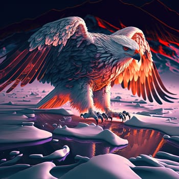 The painting depicts a pair of majestic eagles soaring through the winter sky. The white and red color scheme highlights the beauty of the birds in the snow-covered environment. The image is generated with the use of an AI.