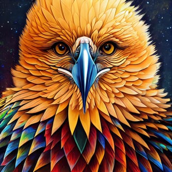 This striking painting depicts an orange eagle with a bright blue beak, a unique and eye-catching combination of colors. The eagle is captured in mid-flight, with its wings spread wide. The image is generated with the use of an AI.