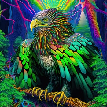 A stunning digital illustration of an eagle, capturing the bird's beauty and power as it soars through the sky. The eagle is depicted with green feathers and its wings spread wide, showing off its majestic presence. The image is generated with the use of an AI.