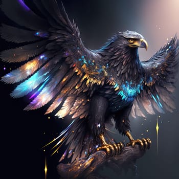 A majestic eagle with shimmering feathers takes flight against a stunning sky. Its wingspan spreads wide, capturing the light and giving the bird a radiant glow. The image is generated with the use of an AI.
