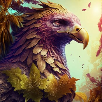 A breathtaking image of an eagle with its golden feathers shining in the light. The portrait captures the regal beauty of the bird in detail, highlighting its proud and powerful presence. The image is generated with the use of an AI.
