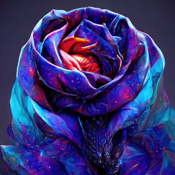 This digital art piece features a collection of rose images, highlighted in a striking blue neon glow and striking red color, creating a contrast and dynamic composition. The image is generated with the use of an AI.