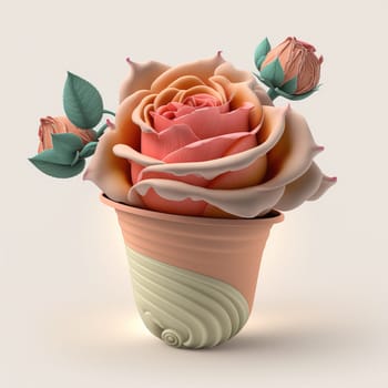 The painting depicts a beautifully detailed illustration of a French rose set against a neutral background. The image is generated with the use of an AI.