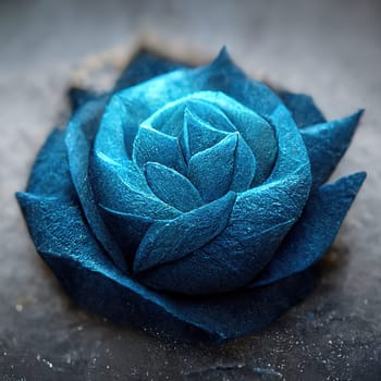 A single blue rose stands out against a dark background, its delicate petals and vibrant color capturing the viewer's attention. The image is generated with the use of an AI.