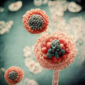 This striking photograph captures the intricate details of a virus in bright and vivid colors. The image highlights the complex and often unseen nature of the subject matter. The image is generated with the use of an AI.