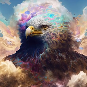This majestic piece showcases the elegance and grace of an eagle as it soars over the cityscape. The intricate details of the bird's feathers and the breathtaking view of the skyline below make this a truly captivating piece. The image is generated with the use of an AI.