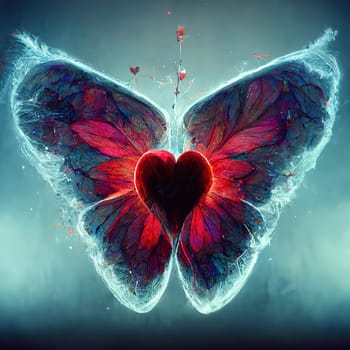 A vibrant butterfly embraces a delicate heart, symbolizing the beauty of love and connection. The dark background creates a stark contrast to the colorful subject, highlighting its intricate details and striking patterns. The image is generated with the use of an AI