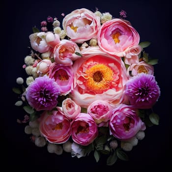 This striking painting features an arrangement of vibrant purple roses set against a dark background. The contrast of colors creates a mysterious and alluring composition. The image is generated with the use of an AI.
