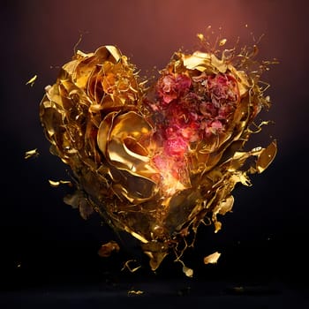 A luxurious display of love and beauty, the Golden Rose and Red Love Heart Bouquet features a stunning array of golden roses and a bold red love heart, creating a mesmerizing composition that exudes elegance and sophistication. The image is generated with the use of an AI.