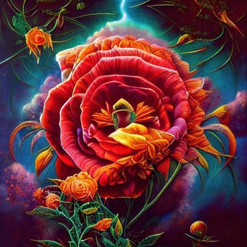 This mesmerizing painting features an orange rose as the focal point set against a deep blue background. The striking contrast of colors creates a dynamic and captivating composition. The image is generated with the use of an AI.
