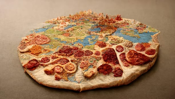 This colorful and imaginative world map is designed in the shape of a pizza, featuring all the continents and oceans as toppings. It's a playful and original take on traditional world maps. The image is generated with the use of an AI.