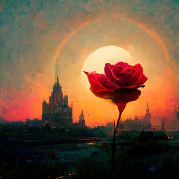 This painting depicts a bright red flower basking in the morning sun. The background is an orange and pink sunrise, adding warmth to the image. The image is generated with the use of an AI.