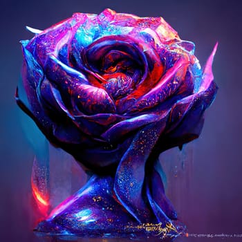 This digital art piece features a collection of rose images, highlighted in a striking blue neon glow against a dark background. The image is generated with the use of an AI.