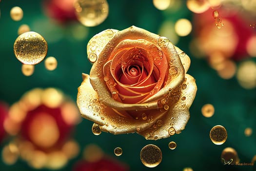 The picture captures a beautiful moment of a blooming flower in the early morning, covered with golden dew drops. The sunlight creates a vibrant and peaceful ambiance, highlighting the delicate petals and the droplets shining like diamonds. The image is generated with the use of an AI.