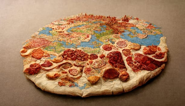 This painting depicts a world map made out of various types of pizza, showcasing the diversity of flavors and ingredients that exist in the world of pizza. The vibrant colors and unique patterns symbolize the vibrant and diverse cultures that come together in the love for pizza. The image is generated with the use of an AI.