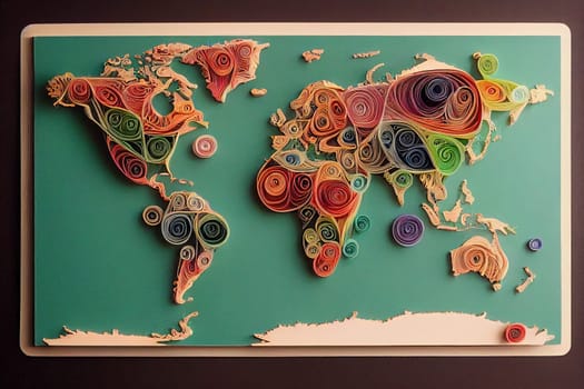 This unique and colorful piece depicts a world map made up of paper stripes, offering a fresh take on traditional map art. The stripes are carefully arranged to form the continents and bodies of water, creating a visually striking piece of art. The image is generated with the use of an AI.