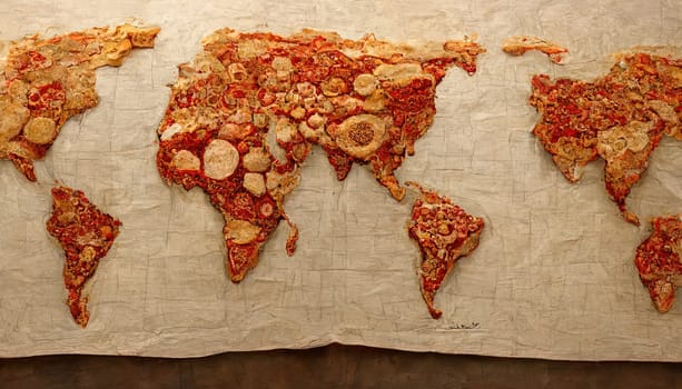 This beautiful piece of art features the world map in the shape of a delicious pizza, offering a new and original take on traditional world maps. The spinning map adds to its charm and offers an interactive experience. The image is generated with the use of an AI.