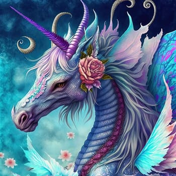 A surreal depiction of a unicorn dragon, with fiery breath and a golden horn, soaring amidst a fantastical landscape. The use of an AI in the creation of this image enhances the intricate details and vivid colors in every aspect of the painting. The image is generated with the use of an AI.