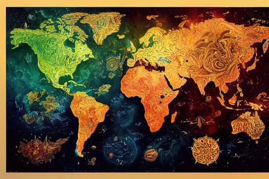 This vibrant world map showcases a unique and colorful interpretation of our planet. The map's paper strips design adds an artistic touch to the traditional map. The image is generated with the use of an AI.