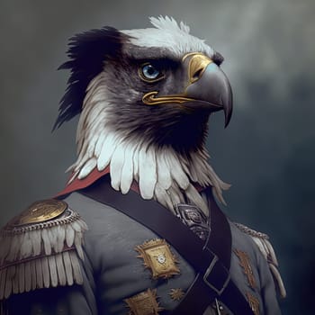 A powerful depiction of an eagle in full military attire, standing guard with unwavering determination. The intricate details of the feathers and uniform bring this piece to life, showcasing the bird's bravery and commitment to duty. The image is generated with the use of an AI.