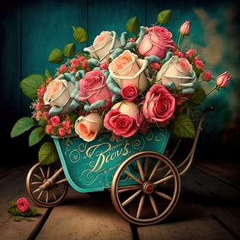 This stunning piece of artwork showcases a basket overflowing with vibrant roses. The intricate details of each petal and stem are masterfully captured, creating a beautiful and eye-catching display. The image is generated with the use of an AI.