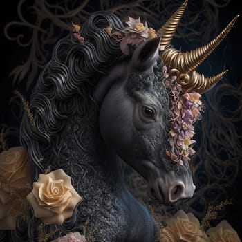 A beautiful grey unicorn stands gracefully among the blooming roses, showcasing its golden horn that shines bright against the gray background. The image captures the essence of magical wonder and grace. The image is generated with the use of an AI.