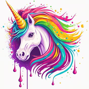 This stunning portrait showcases a majestic unicorn, with a bold and colorful mane that catches the eye. The subject of the portrait exudes confidence and grace, making it a truly captivating piece. The image is generated with the use of an AI.